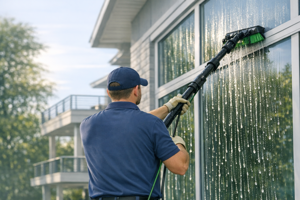 Window cleaner using a water‑fed pole and purified water to clean exterior glass for a streak‑free finish.